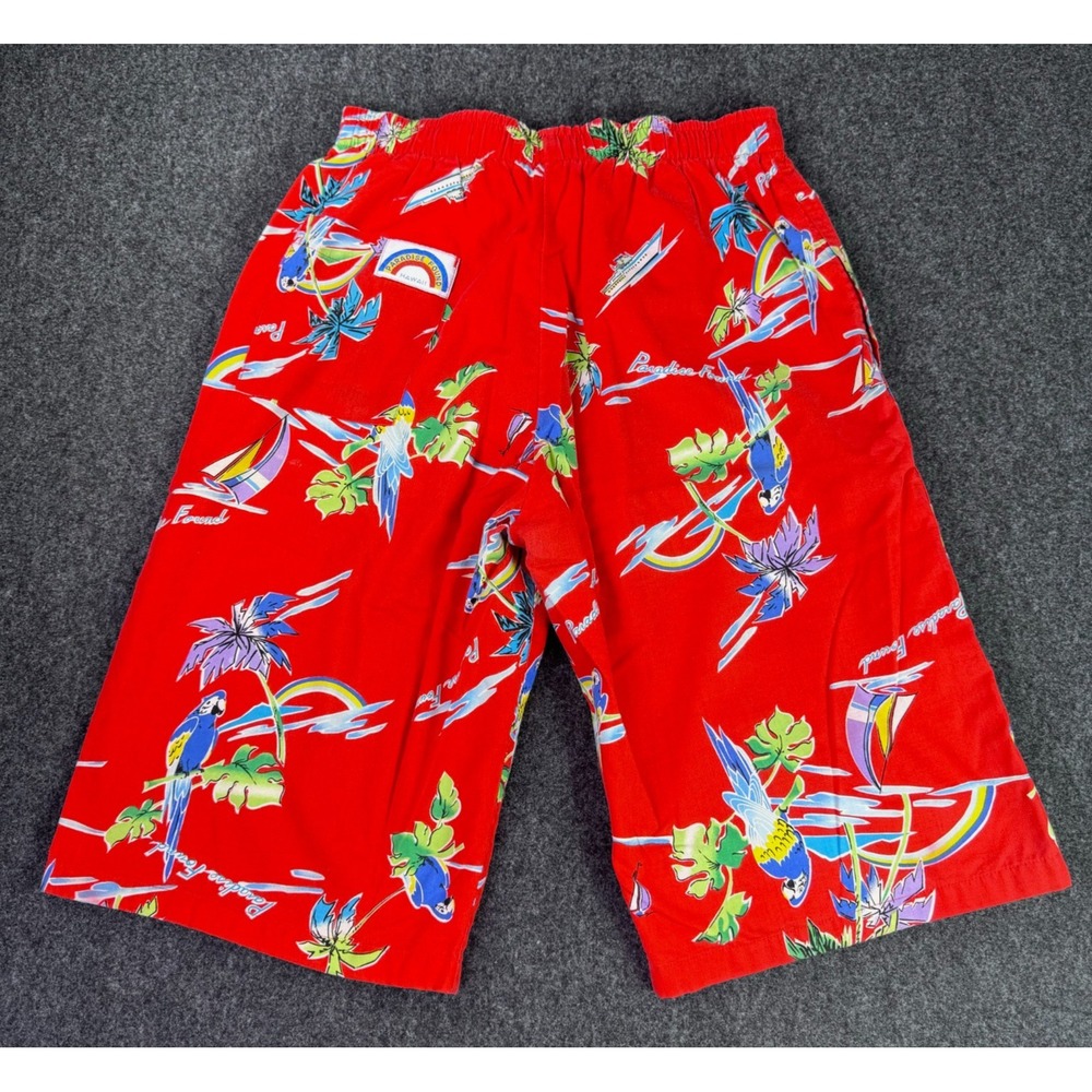 Vintage Paradise Found Floral Hawaiian Cloth Swim Trunks Beach Shorts Mens Med